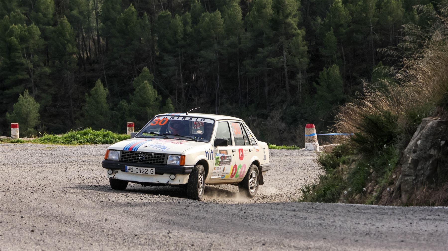 Coche de rally derrapando entre pinares iluminado por el sol